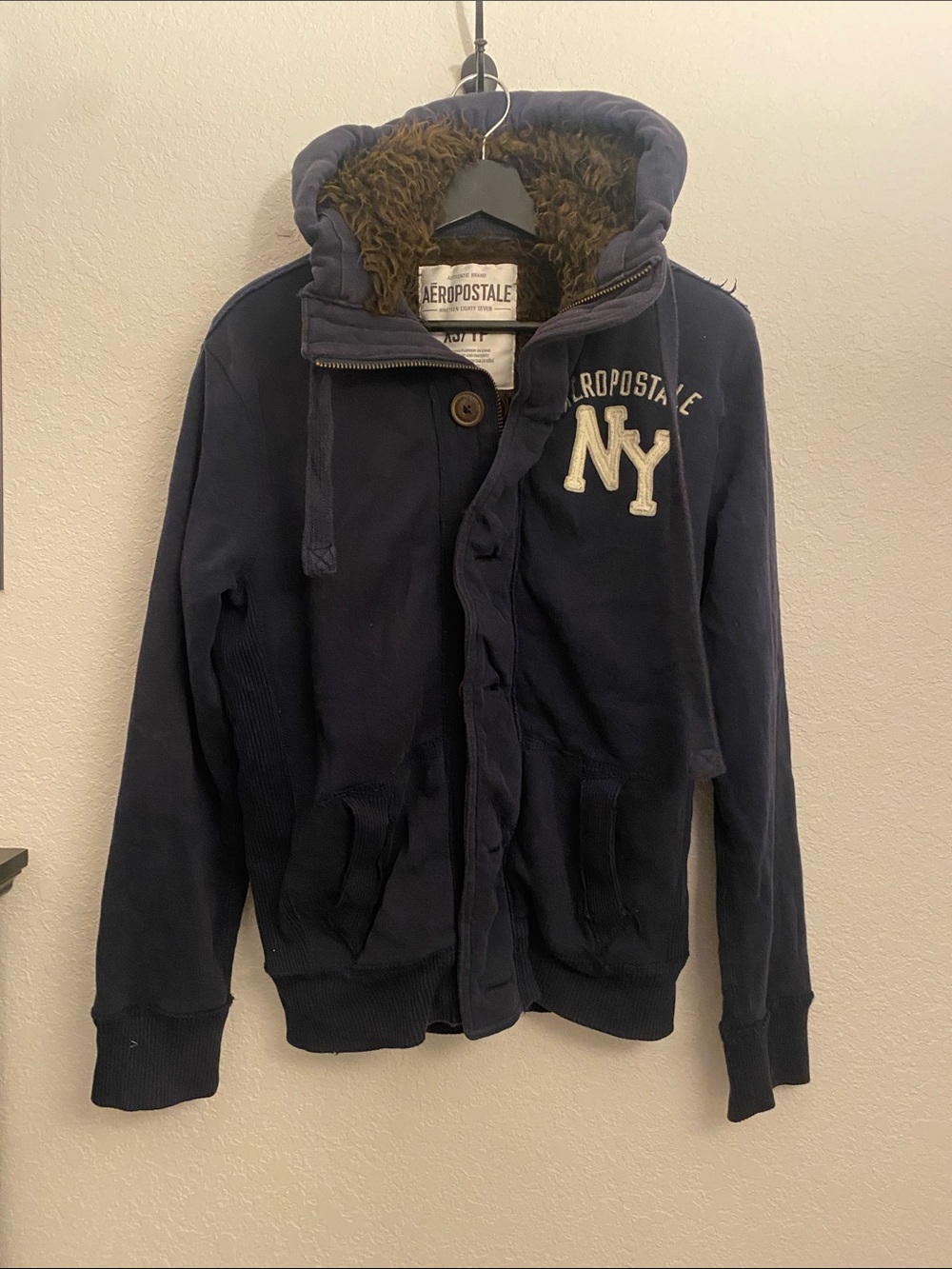 Aeropostale Navy Hoodie with Cream NY Applique